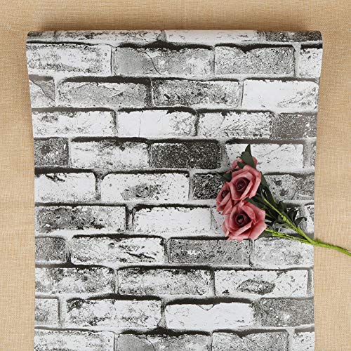 Papel Pintado Blanco Gris Negro con Efecto de Ladrillo Papel Pintado Rústico Autoadhesivo Papel de Contacto Rollo Papel Pintado con Cáscara y Pegado Protector Contra Salpicaduras 44 * 500 cm