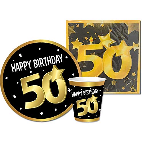 Partycolarità Kit desechable 50 cumpleaños – Juego de vajilla 50 cumpleaños – 6 platos, 6 vasos y 20 servilletas – 50 años – Happy Birthday 50