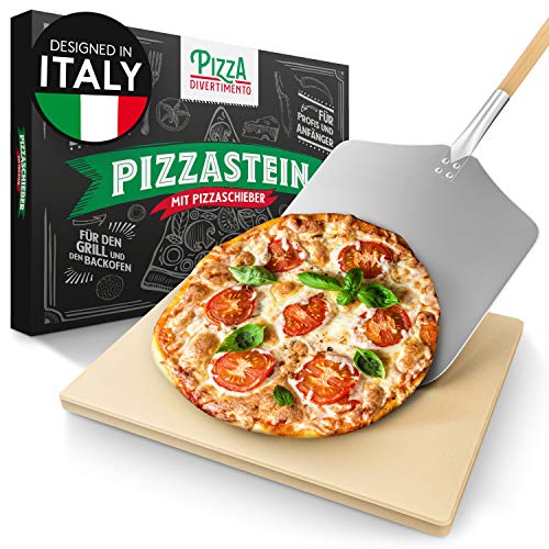 Pizza Divertimento Piedra pizza - Piedra para horno y parrilla de gas - De cordierita - Con palas horno leña - Para base crujiente y topping jugoso
