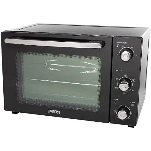 Princess DeLuxe - Horno de convección, 32 L, 1500 V, 3 lados de recubrimiento, 90-230 C, panel frontal de cristal, negro y plata