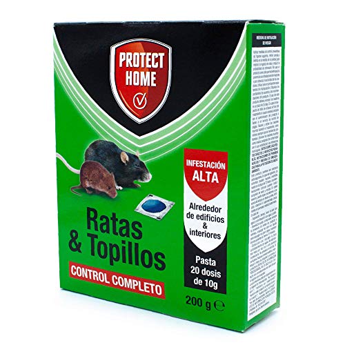 Protect Home Raticida en Pasta para Ratas y Topillos, Infestación Alta, Contról Completo, 20 dosis de 10gr, Azul