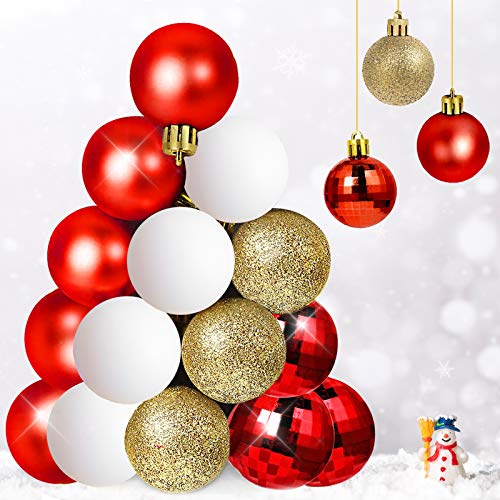 Qhui Juego de 24 bolas de Navidad de plástico con cuerda para colgar, color rojo, dorado y blanco, pequeñas para interior y exterior (40 mm)