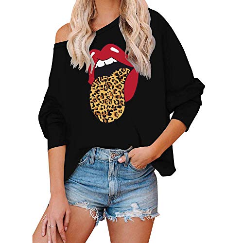 QSDM Sudaderas de Mujer Tops Camisetas y Blusas para Mujer Suéter Suelto de Gran tamaño con Estampado de teñido Anudado de otoño e Invierno en Color sólido-Labios_S