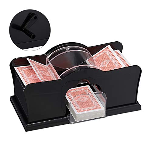 Relaxdays Mezclador de Cartas con 2 Cubiertas, con manivela, Mezclador Manual para Cartas de hasta 91 mm, plástico, Color Negro