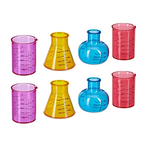 Relaxdays Vasos Chupito Química, Pack de 8, Matraz Laboratorio, Volumen 4 cl, Diseño Científico, Plástico, Multicolor