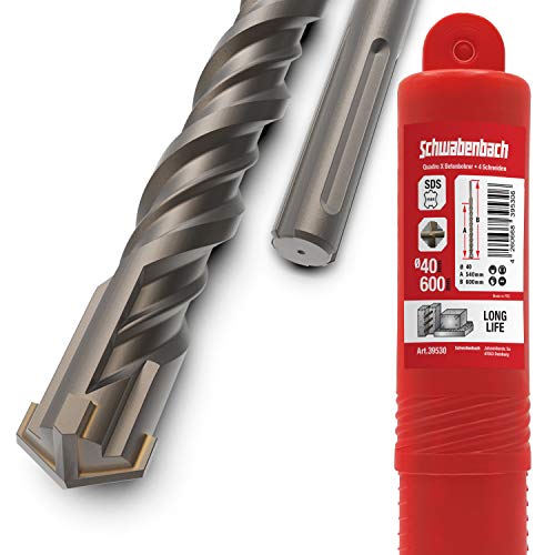SCHWABENBACH ® Broca SDS Max de 40 mm x 600 mm, para hormigón, perforación precisa y rápida en hormigón, calidad prémium con punta de metal duro, larga sin enganchar en hierro de armadura, 40 x 600 mm SCHWABENBACH ® Broca SDS Max de 40 mm x 600 mm, para hormigón, perforación precisa y rápida en hormigón, calidad prémium con punta de metal duro, larga sin enganchar en hierro de armadura, 40 x 600 mm