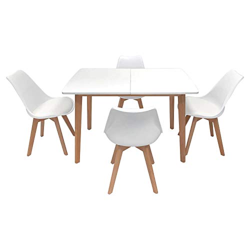 SENJA - Conjunto de Mesa Extensible 120/160 cm + 4 sillas escandinavas - Todo el Confort con Cojines de Asiento Integrados - Fácil Mantenimiento - Blanco - X4 Sillas