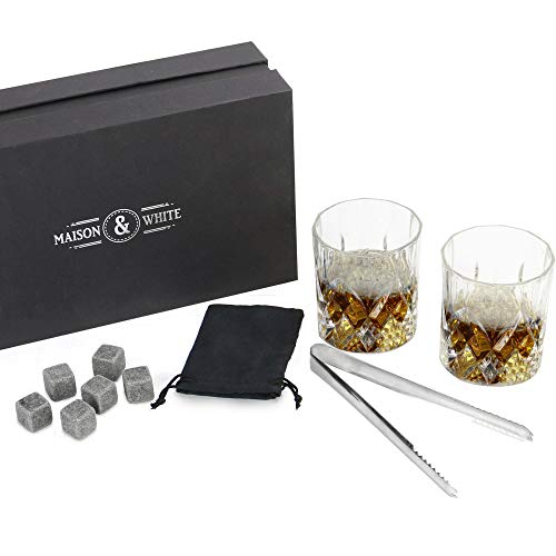 Set de regalo de vidrio para whisky | 2 vasos tradicionales | 6 piedras de enfriado| Pinzas de hielo | Elegante caja de regalo | Coctelería | Vasos Bourbon & Brandy | M&W