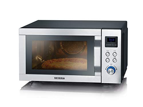 SEVERIN MW 7759 - Microondas 4 en 1 con doble grill, mini horno con función Pizza-Express, microondas con grill y función de aire caliente hasta 230 °C, acero inoxidable, color negro mate