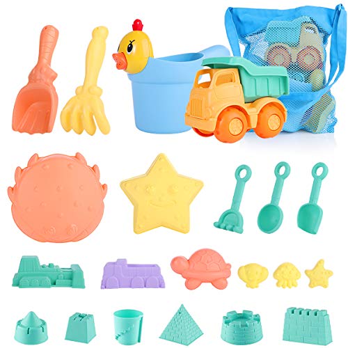 SHANNA Juguetes de Playa para niños, Juego de Juguetes de Playa y Arena para niños con Camion Bucket Castle Moldes y Bolsa de Malla Material plastico Blando (21 Piezas)