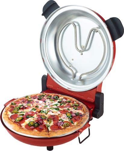 Sirge OSOLEMIO Horno para pizza, color rojo 1200 W - 400 °C - [Piedra refractaria negra] - 30 cm - cuece Las pizzas en 5 min. - Doble resistencia de alta eficiencia energética. temporizador 15 MIN,