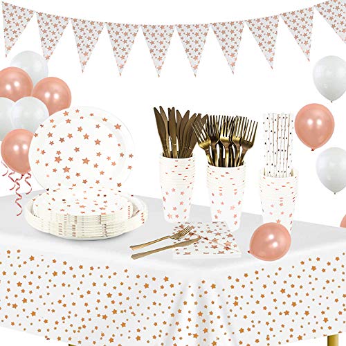 Suministros de fiesta de oro blanco y rosa Juegos de vajilla, platos y vasos de papel, servilletas, pajitas, tenedores y cuchillos, carteles, manteles y globos para decoración de fiestas