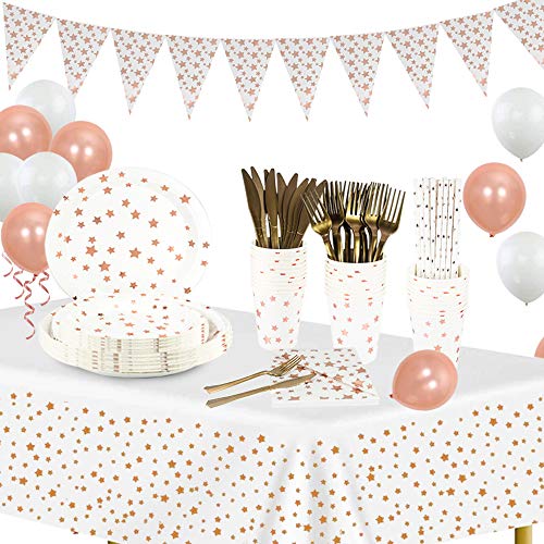 Suministros de fiesta de oro blanco y rosa Juegos de vajilla, platos y vasos de papel, servilletas, pajitas, tenedores y cuchillos, carteles, manteles y globos para decoración de fiestas Suministros de fiesta de oro blanco y rosa Juegos de vajilla, platos y vasos de papel, servilletas, pajitas, tenedores y cuchillos, carteles, manteles y globos para decoración de fiestas