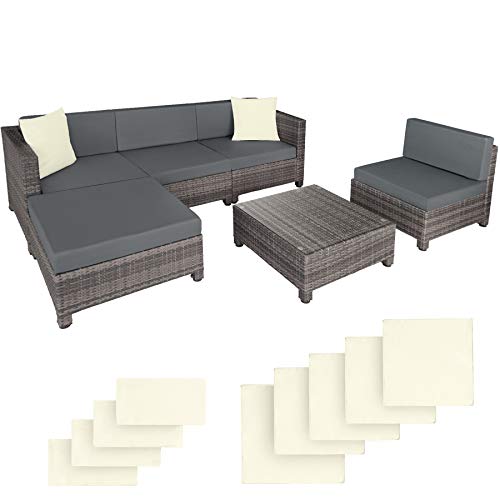 TecTake 403087 Conjunto Muebles de Jardín en Poly Ratán Aluminio + 2 Set de Fundas Intercambiables Gris