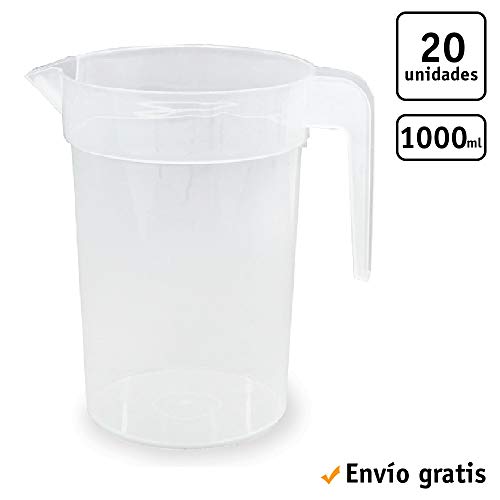 TELEVASO 20 uds - Jarra 1 litro con asa - Plástico (PP) traslúcido - Reciclable y Reutilizable - Ideal para Cerveza, Vino, Fiestas, Eventos, hosteleria