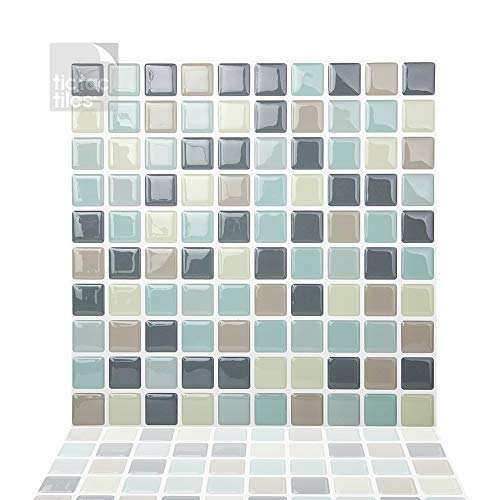Tic Tac Tiles 25cm x 25cm, 5 Láminas 3D Azulejos Adhesivo Azulejos de la Pared para Cocina y Baño - Mosaic Gris Menta