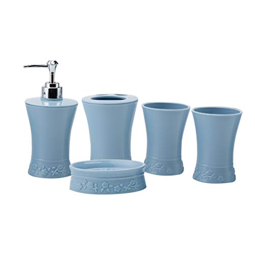 TOPBATHY Juego de 5 accesorios de baño, soporte para cepillo de dientes, vaso dispensador de jabón, jabonera, set de regalo (azul)