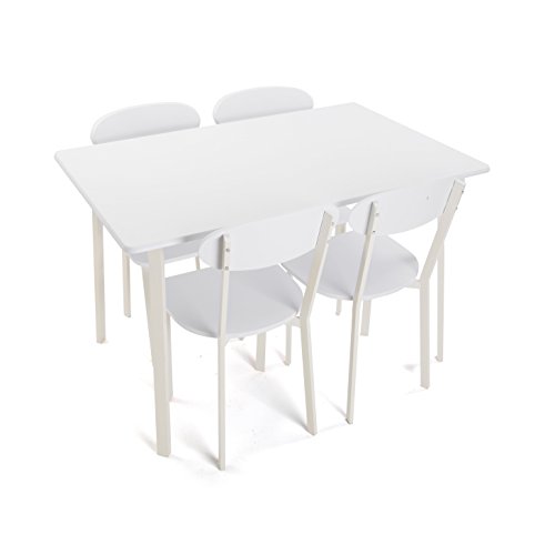 Versa 20880050 Set mesa y 4 sillas de madera blanca, 75x80x120cm, Juego comedor