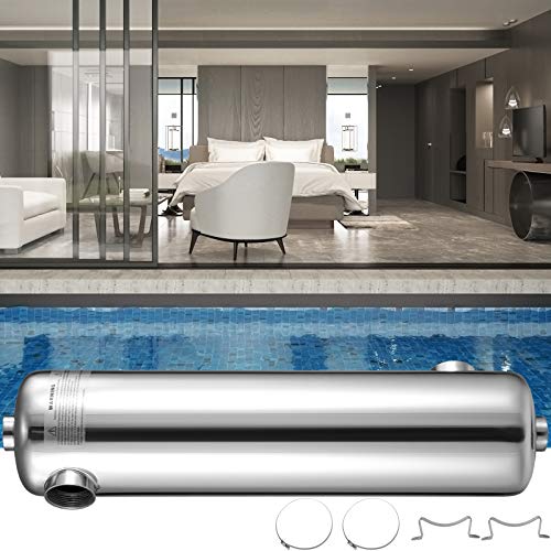 VEVOR Intercambiador de Calor de Piscina, Intercambiador de Calor de Carcasa de Tubo 400 KBtu/h Acero Inoxidable (Puertos Laterales Opuestos), Calefacción de Piscina Acero Inoxidable