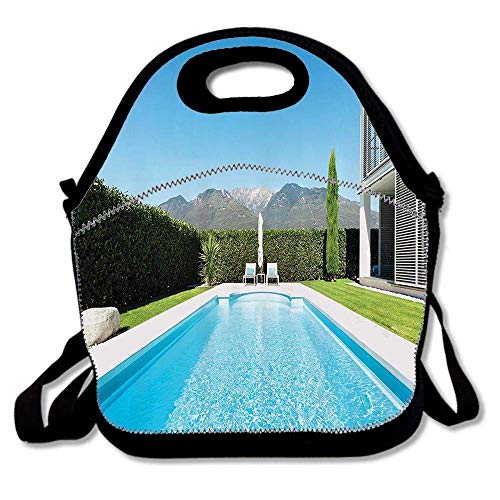 Villa moderna con vista a la piscina desde el jardín Bienes inmuebles Propiedad contemporánea Impresión de fotos Bolsa de almuerzo Neopreno Lonchera Tote Cooler Bolsa cálida para la oficina de la escu