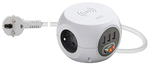 VIMAR 00445.FR.CC.B - Enchufe múltiple con cargador inductivo inalámbrico, 3 salidas SICURY, 3 USB, interruptor luminoso, cable de 1,5 m, enchufe estándar alemana/francés, color blanco