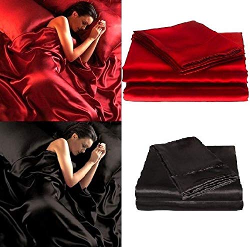 Yuan Dun'er Juego de sábanas de Cama Seda Satinada Suave Queen Bed - Negro Rojo-Rojo_Reina