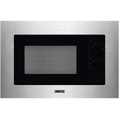 Zanussi ZMSN5SX Microondas Integrable de 700W, 6 niveles de potencia, Mando giratorio, Programa de descongelacion rápida, Pulsador para apertura, Marco Integrado, Negro/Inox, 17L