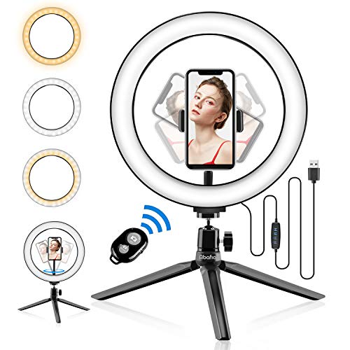 Abafia Anillo de luz LED Selfie Ring Light con Control Remoto Bluetooth y Trípode 3 Colores Modo 11 Brillos Regulables, Aro de luz LED Rotación de 360 ° para Selfie, Maquillaje y Youtube Live
