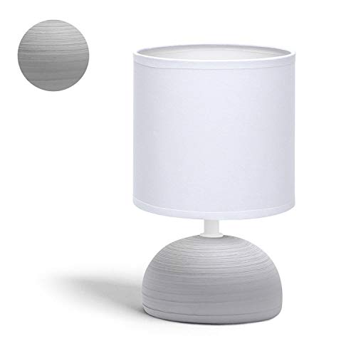 Aigostar - Lámpara de mesa, semioval gris, cuerpo de diseño sencillo color gris, pantalla de tela color blanco, Lámpara de cerámica E14. Perfecta para el salón, dormitorio o recibidor, H23cm