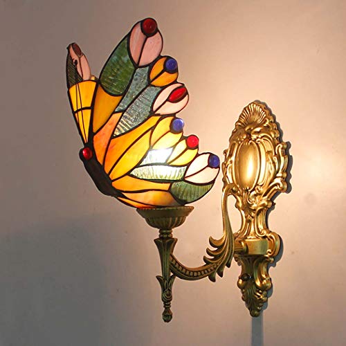 Aplique de estilo Tiffany,Aplique de pared de mariposa,Lámpara de pared decorativa de vidrio manchado antiguo vintage para sala de estar Dormitorio pasillo al lado,14