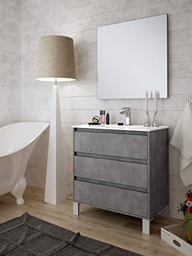 Aquore | Mueble de Baño con Lavabo y Espejo | Mueble Baño Modelo Balton 3 Cajones con Patas | Muebles de Baño | Diferentes Acabados Color | Varias Medidas (Cemento, 100 cm)