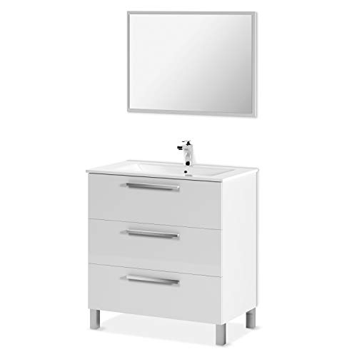 ARKITMOBEL 305423BO - Mueble de baño Athena 3 cajones y Espejo, modulo Lavabo Acabado en Blanco Brillo, Medidas: 80 x 86 x 45 cm de Fondo