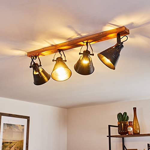 Berkeley - Lámpara de techo ajustable de metal y madera en negro/marrón, 4 focos, pantalla giratoria y orientable, 4 casquillos E27, máx. 60 W, foco en diseño retro, apto para LED