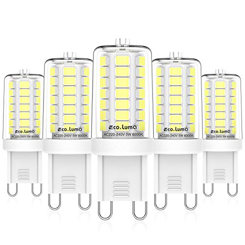 Bombillas LED G9 5W, Blanco Frío 6000K, Repuesto Lámparas Halógenas 40W, LED G9 ángulo Haz de 360° Sin Parpadeo, No Regulable, CA 220-240V, Paquete de 5, Eco.Luma