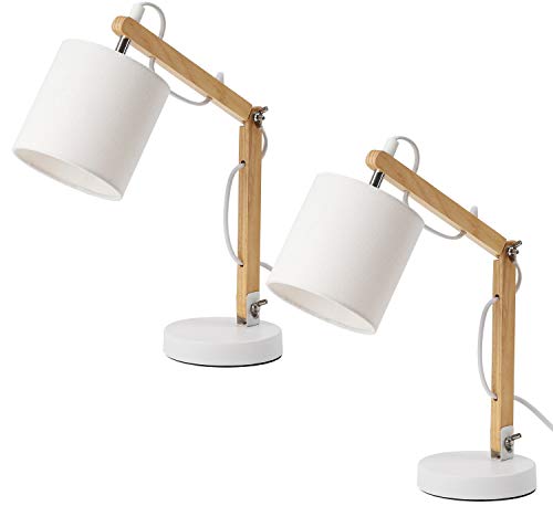 BRUBAKER Juego de 2 lámparas de lectura o de mesa - hasta 52 cm de altura - brazo de madera regulable color natural - pantalla blanco