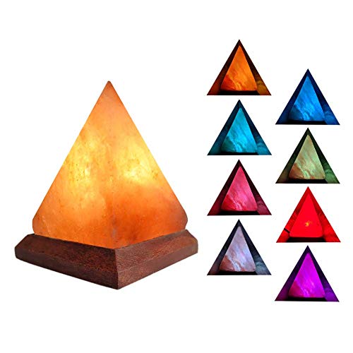 BSTQC Lámpara de sal pirámide, colorida luz de sal del Himalaya, lámpara de iones negativos con base de madera, luz de ambiente relajante