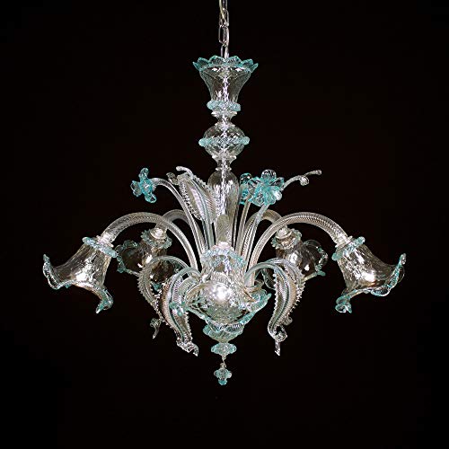 Cannaregio - Lámpara de techo de Murano con 5 luces - Fabricada en cristal cristal con adornos en color aguamarina, partes metálicas cromadas