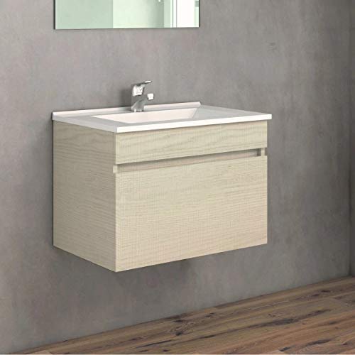 CTESI Mueble de baño suspendido con Lavabo de Porcelana - 1 cajón - El Mueble va MONTADO - Modelo Soki (60 cms, Taiga)
