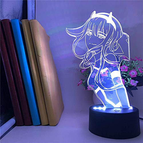 Darling in The FRANXX Luz nocturna 3D Ilusion 02 Zero Two Figure Anime Character lámpara de mesa alimentada por USB, 7 colores LED con interruptor táctil para niños regalos decoración de dormitorio
