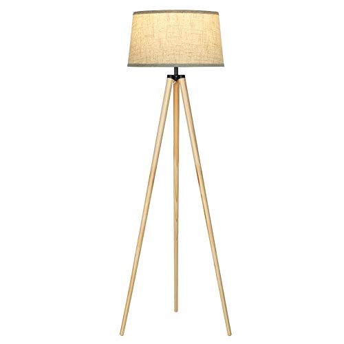 DEWENWILS Lámpara de pie trípode de madera con pantalla de lino, lámpara de pie en estilo escandinavo, para salón, dormitorio, 151 cm de altura, casquillo E27 (bombilla no incluida), certificado CE
