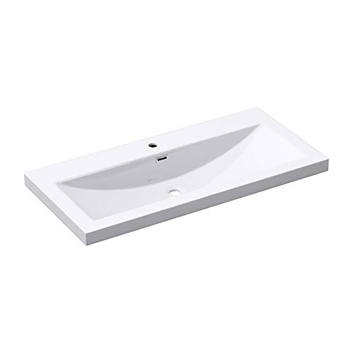 doporro Lavabo sobre encimera diseño Colossum01 de 100x48x13 cm, lavabo blanco para tocador o mueble, fabricado en mármol fundido