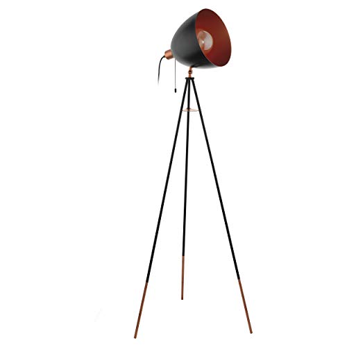 EGLO Chester - Lámpara de pie de tres patas, 1 bombilla vintage, lámpara de pie de acero, color negro, cobre, casquillo E27, incluye interruptor de cordón