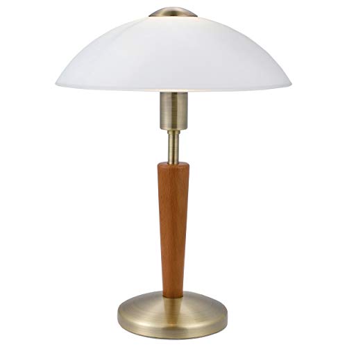 EGLO Lámpara de mesa Solo 1, 1 foco, material: acero, madera, color nogal, cristal blanco satinado, casquillo E14, incluye regulador de intensidad táctil