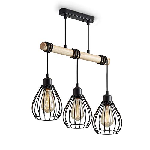 ENCOFT Iluminación Colgante Industrial con 3 Luz E27 Base, Vintage Lámpara Colgante en Metal y Madera, Jaula Lámpara de Araña Longitud Ajustable para Comedor Dormitorio, Negro Sin Bombilla 42cm