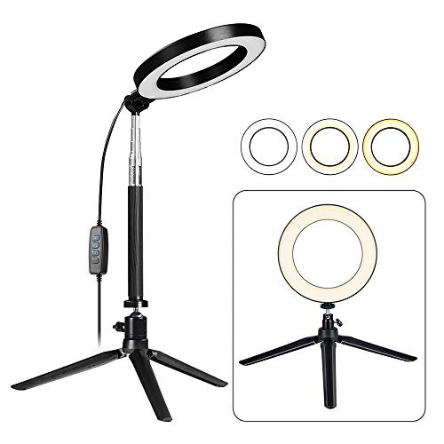 Fonrest LED Luz Anillo con Trípode Palillo de Selfie, 6 Pulgadas Regulable Piso/Mesa Lámpara Anular para, Maquillaje, Transmisión en Vivo, Youtube, Vlog Cámara del teléfono Grabación de vídeo (Negro)