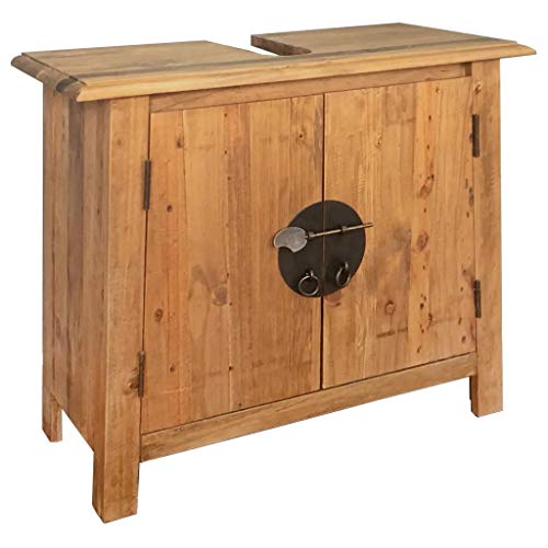 GOTOTOP Mueble bajo lavabo | Armario bajo lavabo | Mueble de baño con 2 puertas | Madera maciza de pino reciclada | Estilo retro | 70 x 32 x 63 cm