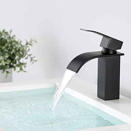 Grifo Lavabo Negro Cascada, CECIPA Ares X102B Grifo Monomando Agua Caliente y Fría Ajustable Latón Moderno Silencioso Grifo de Lavabo para Baño