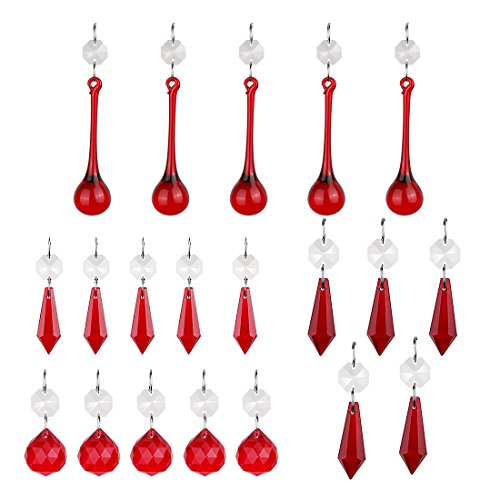 H&D Colgante de cristal rojo con forma de carámbanos y bola de prismas para lámparas, portavelas de cortina, piezas de bricolaje, paquete de 20
