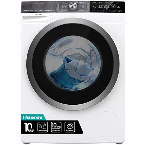 Hisense WFGS1016VM - Lavadora Superior con Vapor, Carga Frontal 10 Kg, 1600 RPM, Clase A+++(-20%) Motor Inverter, 14 Programas, Puerta Extra Grande, Color Blanco,Gran Display LED, Bloqueo Infantil