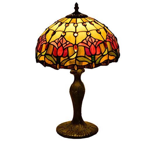 Hobaca E27 12 Pulgadas Vitral Tulipán Tiffany Lamparas de Mesa Para el Dormitorio Vintage Art Decó Lampara Mesa de Noche